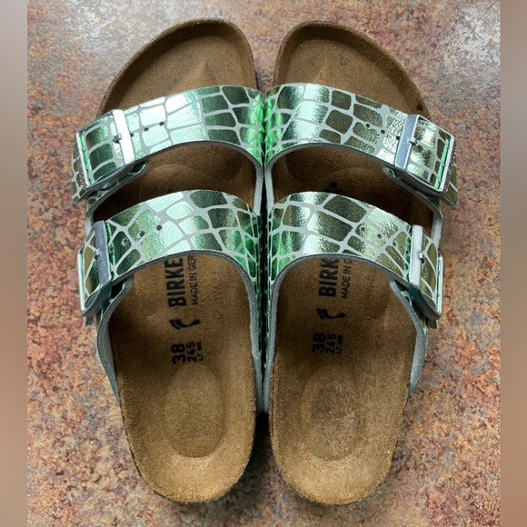 Birkenstock Shoes - Birkenstock Green Metallic Croc-Print Arizona Sandals